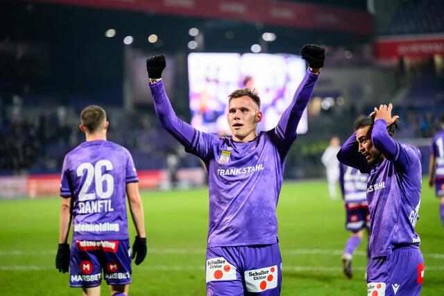 Nik Prelec beim 3:0-Sieg gegen Cashpoint SCR Altach am Sonntag. | Foto: MAX SLOVENCIK / APA / picturedesk.com