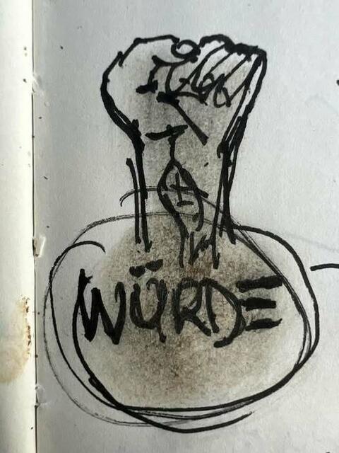 Zeichnung „TA BECK/ Würde“ - Tuschestift und Café Helénico auf Notizbuchpapier, 2023 Kreta | Foto: Thomas Andreas Beck, Régis Noël, Christophe Caza