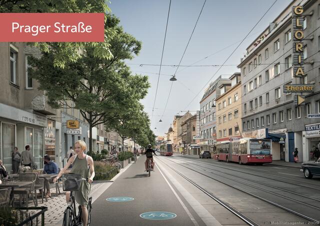 Die Gehwege in der Prager Straße werden mit Radweg-Offensive deutlich verbreitet. Dadurch entsteht Platz für mögliche Schanigärten.  | Foto: Mobilitätsagentur/Zoom