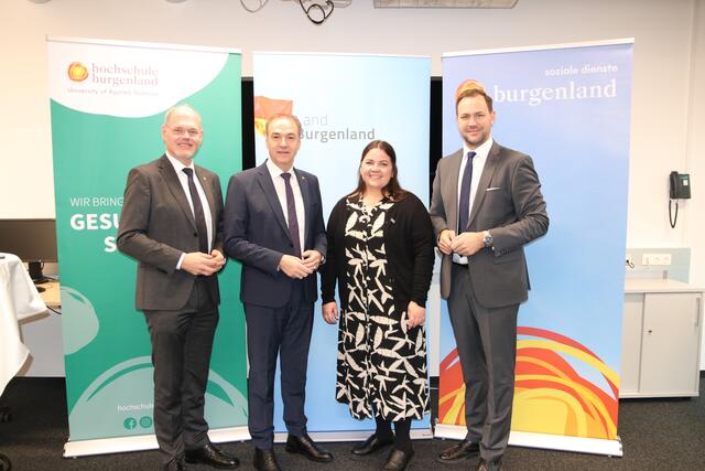 Positive Bilanz zum Anstellungsmodell für Pflegeauszubildende: Franz Öller (kaufmännischer Geschäftsführer Gesundheit Burgenland), Landesrat Leonhard Schneemann, Nadine Graf (Studiengangsleiterin Bachelor Gesundheits- und Krankenpflege) und Johannes Zsifkovits (Geschäftsführer Soziale Dienste Burgenland GmbH). | Foto: Landesmedienservice