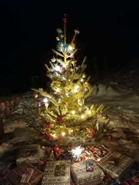 Der Christbaum steht auf der Terrasse und darunter liegen die Pakete. | Foto: Privat
