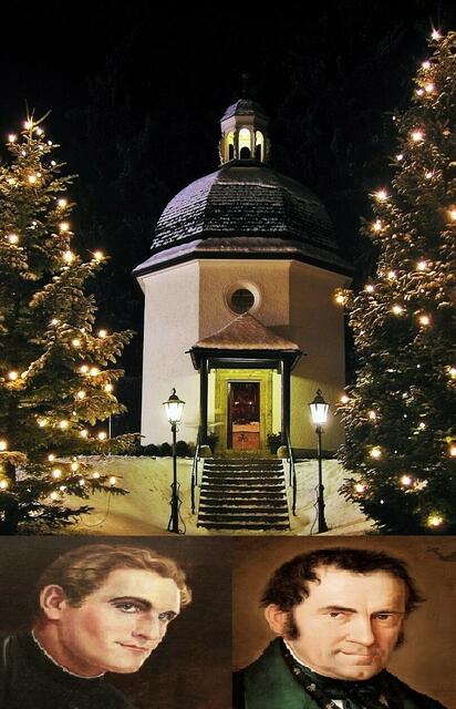 Die Stille-Nacht-Kapelle in Oberndorf bei Salzburg. ... Unten links im Bild - Pfarrer Joseph Mohr (1792-1848) &amp; rechts - Lehrer Franz Xaver Gruber (1787-1863)
 | Foto: Fotos Wikipedia / Fotobearb.&amp;Collage S.Plischek