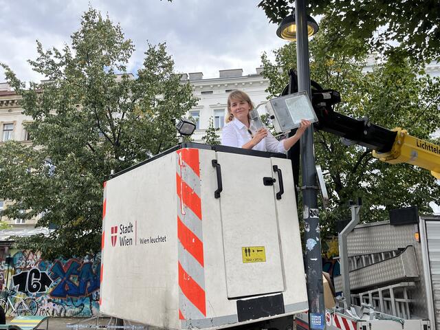 Bezirksvorsteherin Stefanie Lamp (SPÖ) hat nach den Problemen im Sommer 2024 neue Leuchten am Yppenpark montiert.  | Foto: BV 16