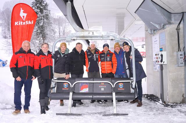 Vorstand Christian Wörister, Vorstandsvorsitzender Anton Bodner, Jan Überall (Generalsekretär K.S.C.), Martin Leitner (Leitner Gruppe), Linus Strasser, Wolfgang Maier (Alpindirektor DSV), Mario Mittermayer-Weinhandl (HKR-Rennleiter), Michael Huber (Präsident K.S.C.). | Foto: Martin Walch