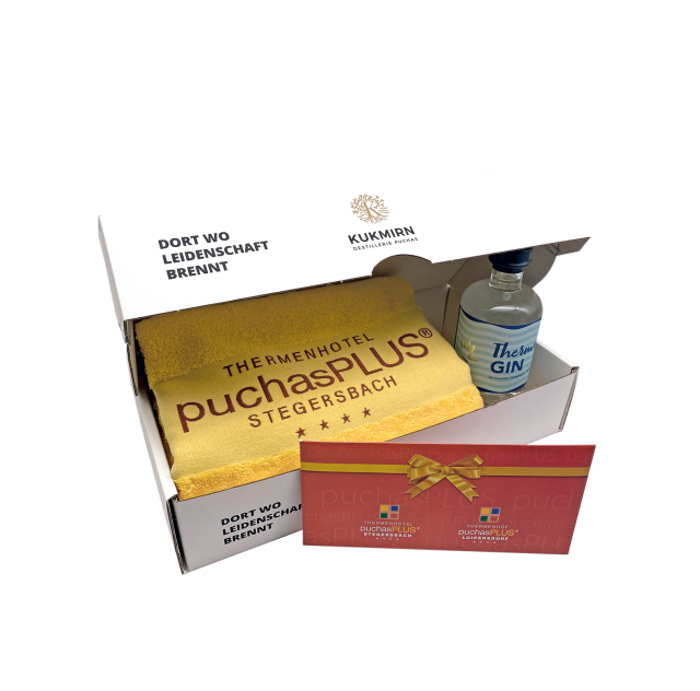 Gutschein für:
1 Flasche Thermen GIN, 0,20 L
1 Saunahandtuch PuchasPLUS
1 Gutschein 2 Thermentage /1 ÜN im Zirbenzimmer
Die exklusive Geschenkbox wird Ihnen per Postweg übermittelt.