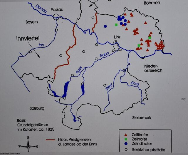 Verteilung des Familiennamens Zeitlhofer in den verschiedenen Schreibungen um 1830. Karte Dr. Karl Hohensinner.  | Foto: Karl Hohensinner
