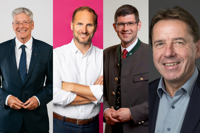 Landeshauptmann Peter Kaiser (SPÖ), Neos-Kärntenchef Janos Juvan, Lhstv. Martin Gruber (ÖVP) und FPÖ-Kärntenchef beziehen zu den gescheiterten Koalitionsverhandlungen in Wien Stellung. | Foto: Fotomontage MeinBezirk/Privat/Bauer/ Neos/Bauer/FPÖ