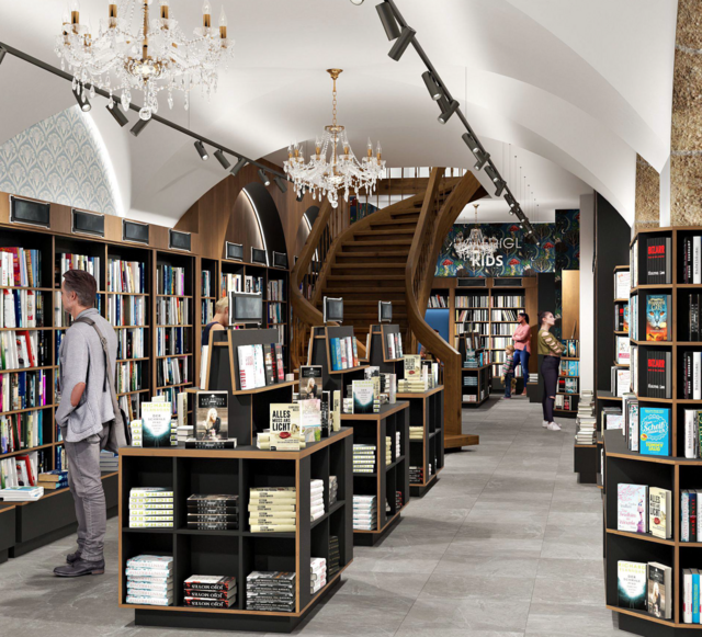 Visualisierung der modernisierten Buchhandlung Höllrigl in der Stadt Salzburg. Die Verbindung Tradition und Moderne wird in den Mittelpunkt des Umbaus gestellt. | Foto: Morawa