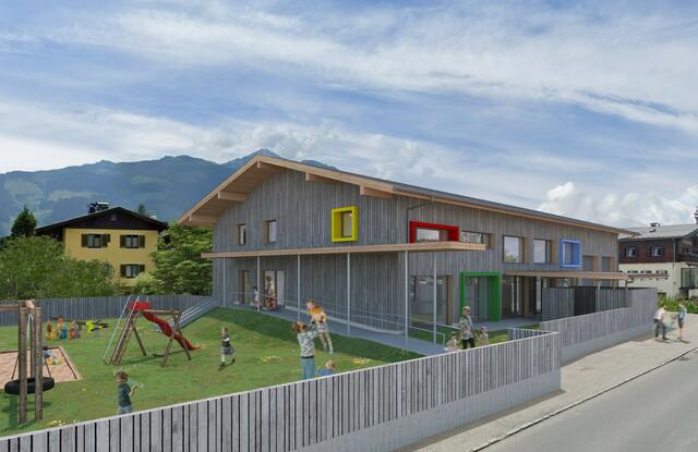 So soll der Betriebskindergarten von Hagebau Ebster und der Schmittenhöhbahn AG nach der Fertigstellung aussehen. | Foto: Ebster/Schmittenhöhebahn AG