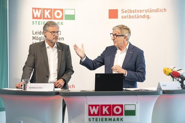 WK-Steiermark-Präsident Josef Herk (r.) und Direktor Karl-Heinz Dernoscheg führen die steirische Wirtschaftskammer ins neue Jahr. | Foto: Fischer