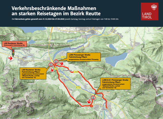 Die Karte zeigt, wo die Fahrverbote entlang der B179 gelten. | Foto: Land Tirol