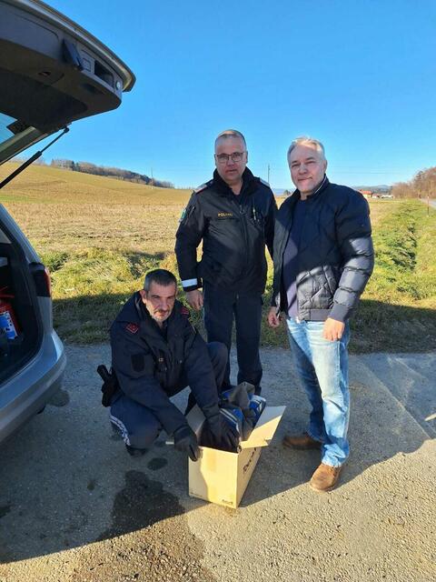 Gemeinsam brachten sie das verletzte Tier zu ihrem Polizeikollegen Rudolf Pilz aus dem Bezirk Jennersdorf, der eine Auffangstation für verletzte und ausgesetzte Tiere betreibt. | Foto: Peter Krutzler