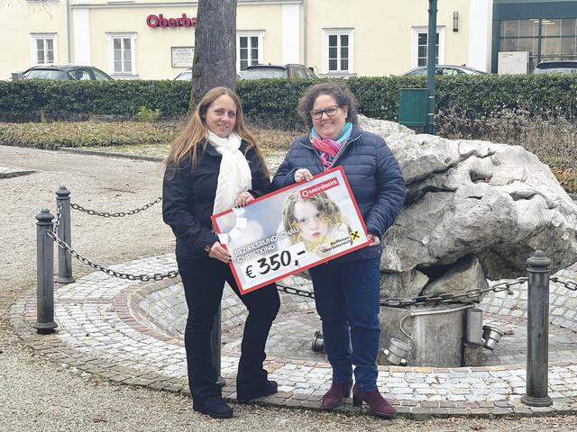 Daniela Gross und Lisa Eckel-Knoth (Präsidentin der Lions Dachstein Welterbe) bei der Scheckübergabe.  | Foto: MeinBezirk/Reitbauer