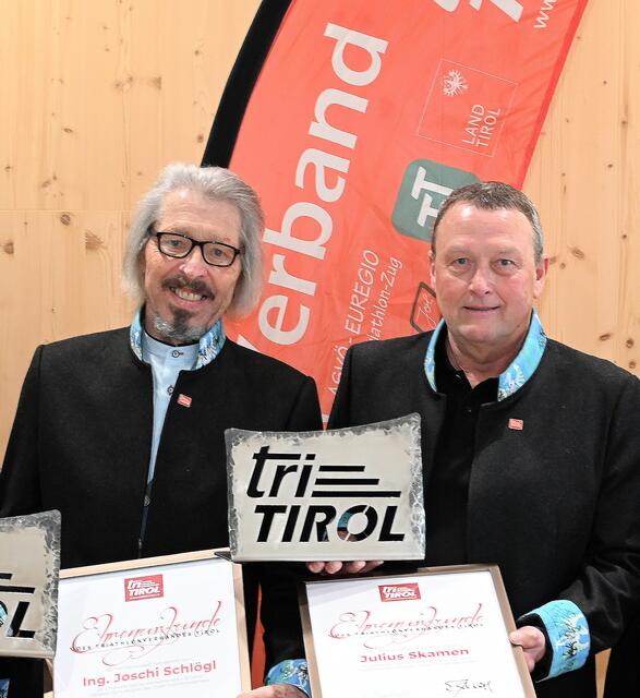 Über drei Jahrzehnte lang ein unzertrennliches Team für den Triathlon in Tirol und Österreich, Präsident Julius Skamen mit seinem Freund und
Langzeitfunktionär Joschi Schlögl.
 | Foto: TRVT
