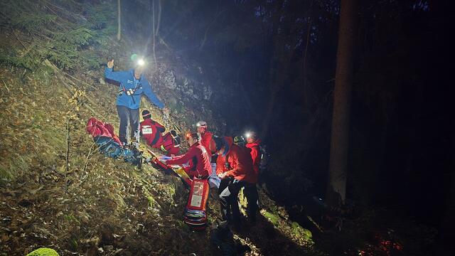Die Einsatzkräfte halfen dem Schwerverletzten nach seinem Sturz auf dem Maisenkögerl. | Foto: Bergrettung Grünau
