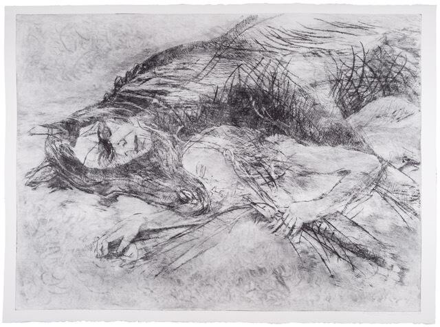 "She ordered her horse to lay down", Stahlgravur von Therese Eisenmann, April 2024. | Foto: Therese Eisenmann