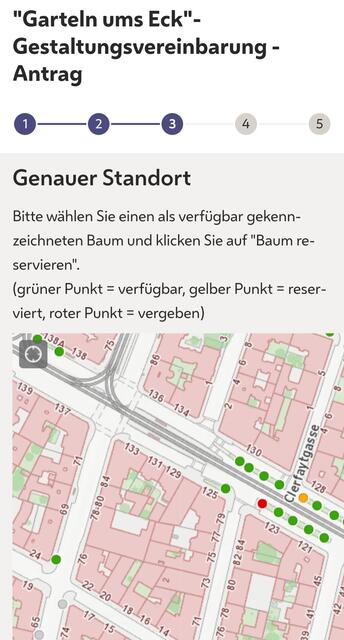 Entscheidet man sich für eine Baumscheibe, geht es weiter zum Antrag. 
https://mein.wien.gv.at/formularserver-mw/user/formular.aspx?path=(mw%2fallgemein)&amp;pid=b55f4c5675ce497fb84d9d461a659188&amp;pn=Beb9f62d13f5d4e6bbf1e29bb8556da45

Die Landkarte zeigt nun auch den aktuellen Status der Baumscheiben auf. | Foto: Screenshot