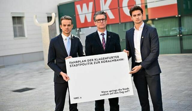 WK-Bezirksstellenleiter Polka, WK-Bezirksstellenobmann Ahm und Bezirksvorsitzender Sylle von der Jungen Wirtschaft fordern die Stadt zum Handeln aus. | Foto: WKK/Helge Bauer