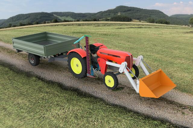 3D-Modell des Steyr-Traktors 188 mit den neu entwickelten Teilen wie Frontlader, Mähbalken und Anhänger. | Foto: HTL