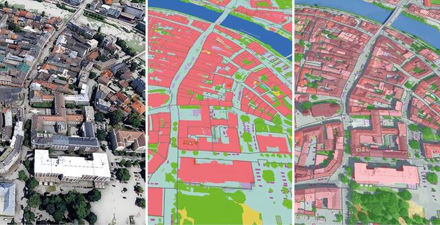 Auf dem linken Bild ist die Innenstadt als 3D-Modell zu sehen, in der Mitte der Bodenverbrauch im Herzen Villachs und rechts eine Kombination aus beiden Karten. | Foto: Stadt Villach/Abteilung für Vermessung und Geoinformation