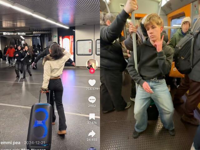 Bekannte deutschsprachige TikToker spielen das Lied "Sigma Boy" laut in der U-Bahn ab.  | Foto: Screenshot eemipea; simonbth1/TikTok