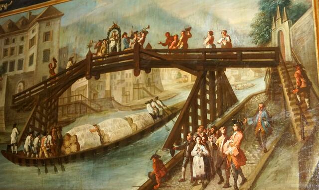 Der Pfannhausersteg und der Salztransport auf der Salzach.