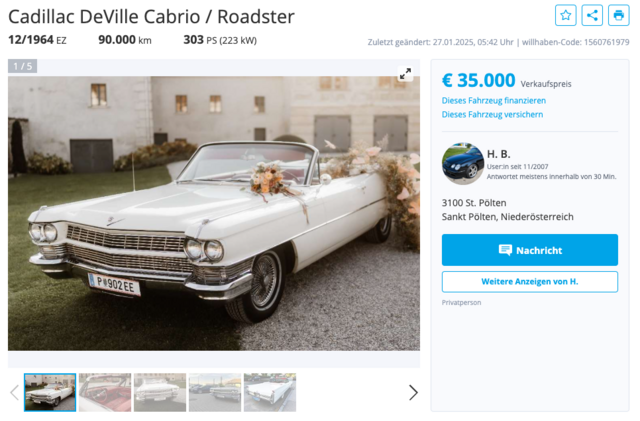 Reinhard Fendrichs Cadillac DeVille Convertible auf willhaben.at | Foto: Screenshot: willhaben.at