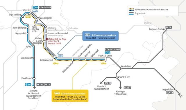 Der geplante Schienenersatzverkehr. Die gelbe Linie hat unterschiedliche Zwischenhalte. | Foto: ÖBB