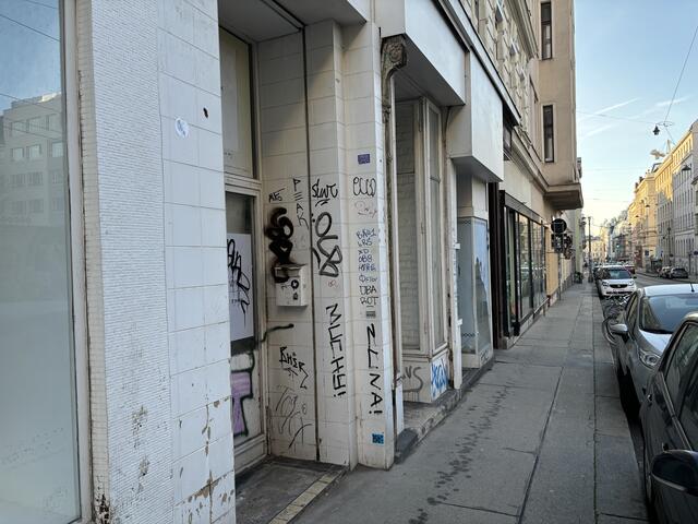 Das Straßenbild in diesem Abschnitt der Kaiserstraße wird von Graffitis und leeren Geschäften geprägt.  | Foto: Luca Arztmann/MeinBezirk