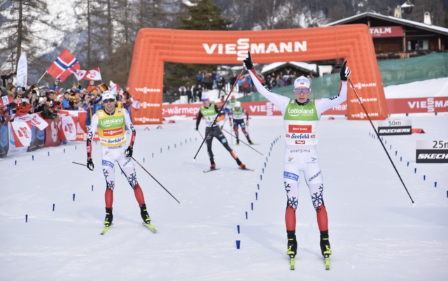 Der Deutsche Vinzenz Geiger setzte sich gegen die Norweger durch und holte sich in einem packenden Finish den Sieg in Seefeld. | Foto: Symbolbild (Larcher)