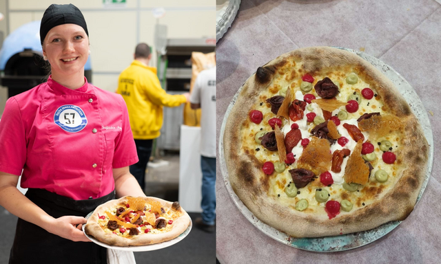 Anna Oberlerchner mit ihrer Pizza bei der WM in Rimini. | Foto: Privat