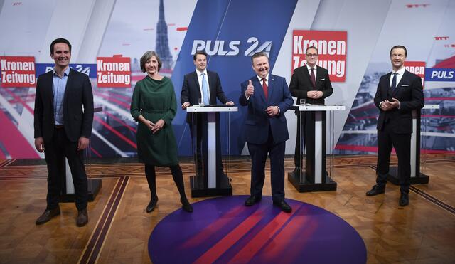 Das waren die Spitzenkandidaten der letzten Wien-Wahl 2020, v. l.: Wiederkehr (Neos), Hebein (Grüne), Nepp (FPÖ), Ludwig (SPÖ), Strache (Team HC), Blümel (ÖVP). | Foto: HELMUT FOHRINGER / APA / picturedesk.com 