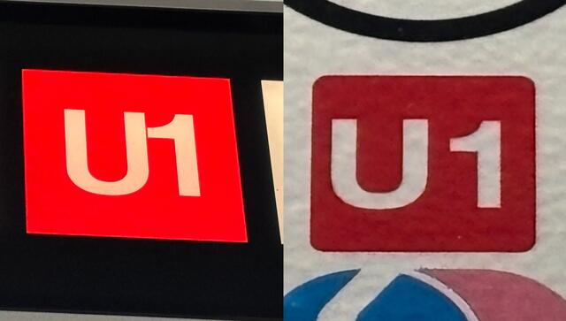 Beim direkten Vergleich fällt es auf. Links (Weganzeiger beim Praterstern) das gewohnte U1-Logo, rechts (neuer Netzplan) die überarbeitete Version. | Foto: Johannes Reiterits/MeinBezirk