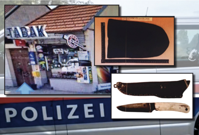 Überfallsort war diese Tabak-Trafik in Gols. Rechts oben eine Maskierungs-Haube, darunter das Tatmesser. | Foto: Gernot Heigl