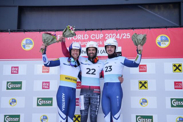 Podest im Eliminator-Bewerb bei den Herren, von links: Michael Scheikl (2.), Stefan Federer (1.) und Fabian Achenrainer (3.). | Foto: ÖRV/Jana Zischg