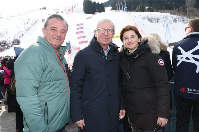 Alpine Skiweltmeisterschaft, Saalbach2025, Ski-WM2025 in Saalbach-Hinterglemm, im Bild: Landeshauptmann Wilfried Haslauer, Landeshauptmann-Stellvertreterin Marlene Svazek und Landesrat Christian Pewny bei der Abfahrt der Herren. | Foto: Land Salzburg / Franz Neumayr
