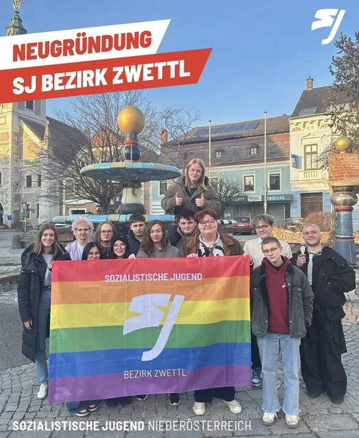 SJ-Landesvorsitzende Amelie Muthsam, Tristan Heindl, Tamara Strasser, Luis Widhalm, Sophie Fleischhacker, Florin Pichler, Jonah Emmer, Kassier Sebastian Hofbauer, Emil Widhalm, der neugewählte SJ-Bezirksvorsitzende Leonard Ioan Borza, Elias Zagler, Schriftführer Alyxander Finn Heine und Maurice Liebe, v.l. | Foto: SJ