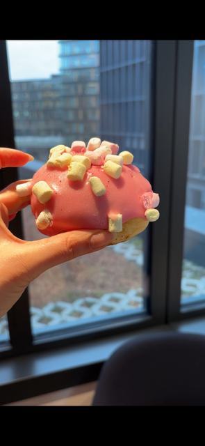 Der Erdbee-Marshmallow-Krapfen der Bäckerei "Der Mann".  | Foto: Janine Kokesch/MeinBezirk