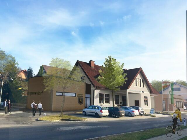 Im Rahmen des Ausbaus werden an beiden Längsseiten des Kulturhauses in Gossendorf Zubauten errichtet. Dort finden der Musikprobenraum, Büros, Besprechungszimmer und Räume für die Feuerwehr mit Umkleide, Lager und Werkstätte Platz.  | Foto: Rendering: Architekt DI Thomas Baumgartner