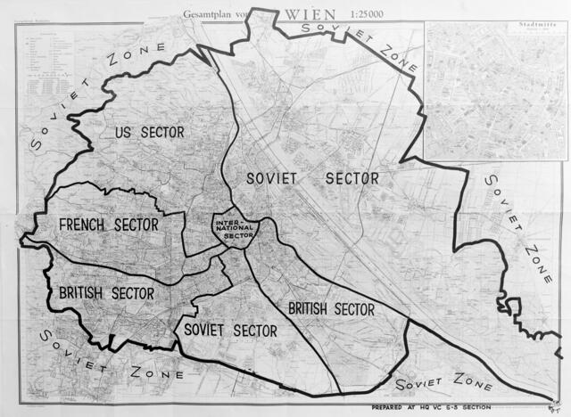Gesamtplan mit der alliierten Besatzungszone nach dem 2. Weltkrieg in Wien. | Foto:  United States Information Servic / ÖNB-Bildarchiv / picturedesk.com