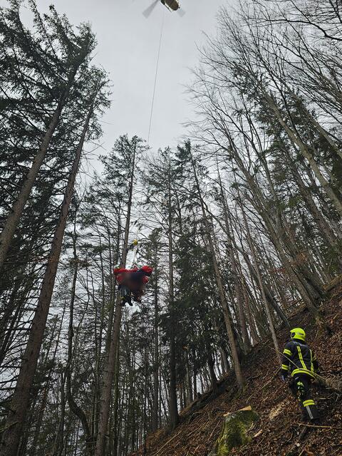 Nach der Erstversorgung wurde der Verletzte mittels Taubergung mit Unterstützung der Feuerwehrmitglieder zu einem geeigneten Landeplatz ins Tal geflogen | Foto: Bfkdo Amstetten / FF Waidhofen-Wirts