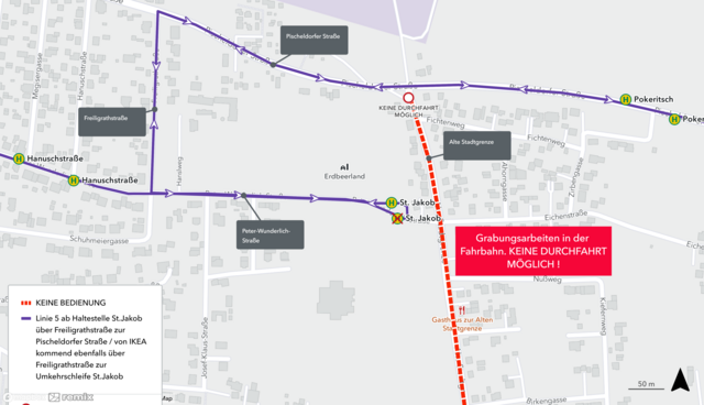 Baustelle an der Alten Stadtgrenze beeinflusst die KMG-Linie 5. | Foto: Stadtwerke Klagenfurt