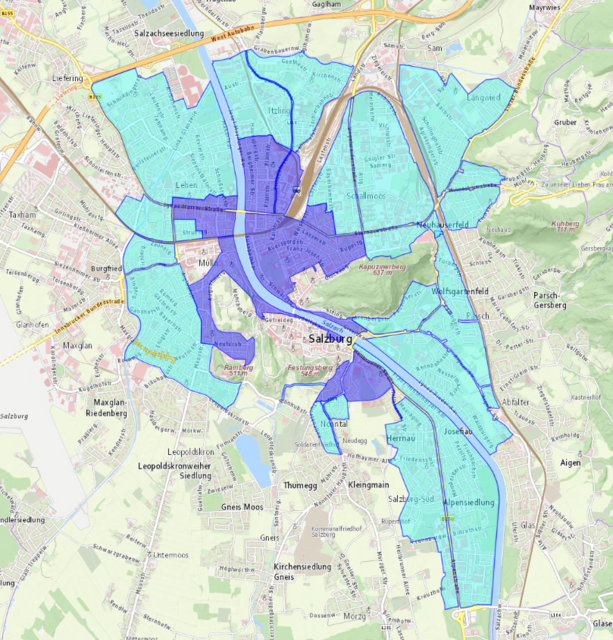In der dunkelblau gekennzeichneten, gebührenpflichtigen Kurzparkzone gibt es insgesamt 179 Parkscheinautomaten-Stellplätze. | Foto: Grafik: Stadt Salzburg