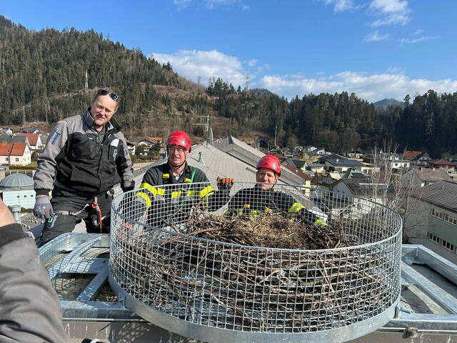 Große Freude in St. Michael: Das neue Storchennest auf dem Kamin der Mittelschule ist installiert. | Foto: St. Michael