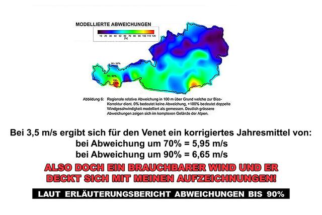 Bild 09: Zu diesen alten Windatlas aus dem Jahr 2011 gibt es einen fast 50- seitigen Erläuterungsbericht, und dort findet man die Erklärungen für die im Atlas dargestellten schlechten Werte und die möglichen Abweichungen. Habe diese bereits 2013 selbst relativiert. Siehe Text unter der Grafik! | Foto: © by Ing. Günter Kramarcsik