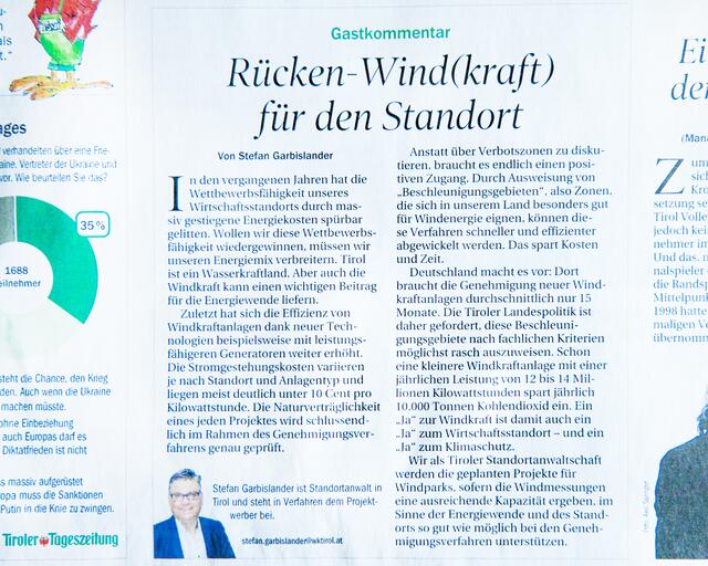 Bild 26: Hier die Antwort auf kritische Meldungen der Medien zur Windenergie in Tirol. Diese Antwort darf sich auch die FPÖ hinter die Ohren schreiben. | Foto: © by TT und Repro Ing. Günter Kramarcsik
