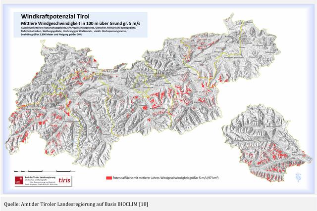 Bild 07: neuer Windatlas (BIOCLIM) für Tirol. Hier sind nun viel mehr rot gekennzeichnete Potentialflächen zu sehen als im vorigen Bild 6! | Foto: © by Ing. Günter Kramarcsik