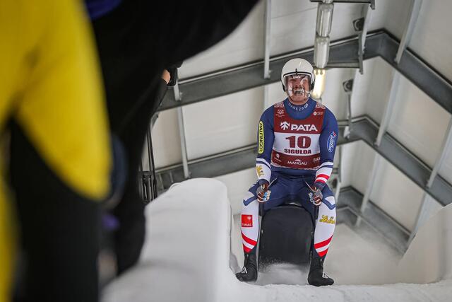 Freudenschrei bei Fabio Zauser: Der Imster kürte sich in Sigulda zum Junioren-Europameister. | Foto: FIL/Mareks Galinovskis