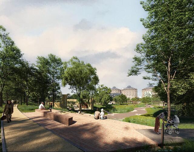 So soll der Park am Vorfeld der Gasometer aussehen. Mit dem Bereich im Bild wird auch gestartet.  | Foto: BOGL APS/NUWELA