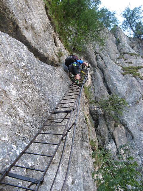 Der Alpenvereinssteig führt anfangs über Leitern in den Fels; danach wird es stellenweise ausgesetzt, was bei Schneelage problematisch werden kann. | Foto: Maximilian Geiger